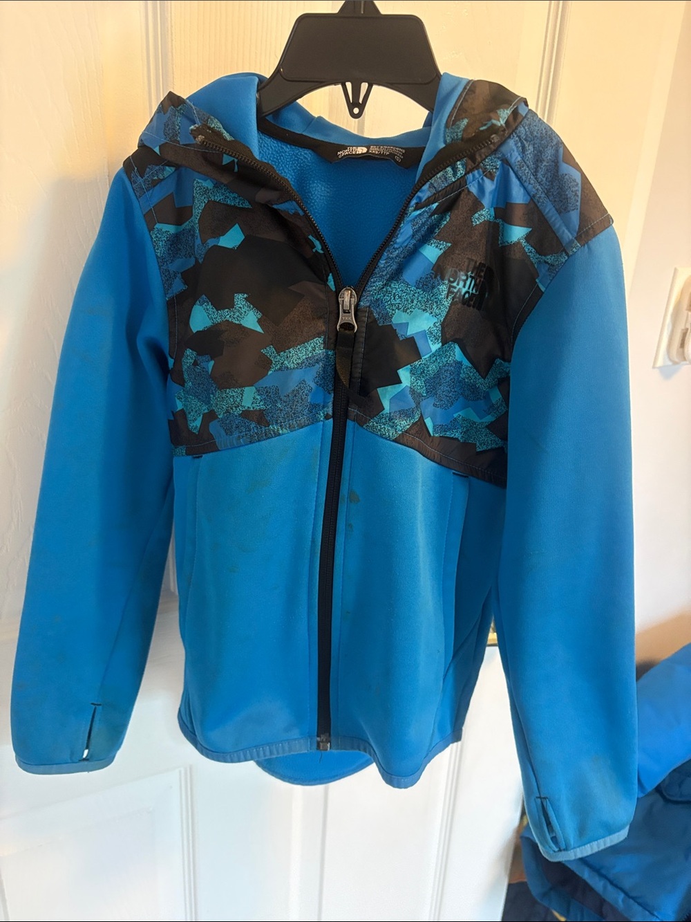 The North Face Bright Blue Hooded Softshell Jacket with Black Patterned Yoke